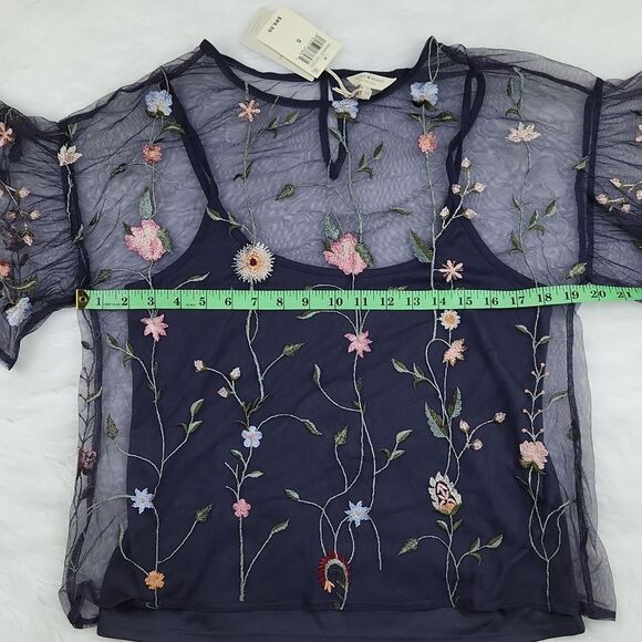 Lucky Brand -258 Grey Embroidered Sheer Floral 3/4 Sleeve Evening Blouse Size S - Picture 10 of 11